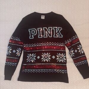 Victorias Secret PINK XS Black Bling Sequin Holiday Snowflake Long Sleeve Tee